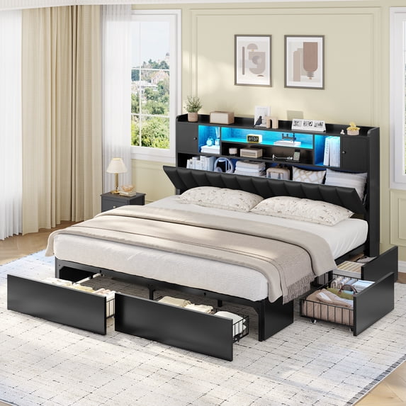 King Size Bed Frame with 6 Storage Drawers & 3-Tier Headboard ...