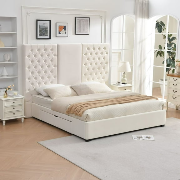 King Size Bed Frame 63.58" Tall Headboard, Velvet Upholstered Platform Bed, Drawers & Button Tufted, Easy Assembly, No Box Spring Needed, Cream