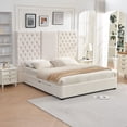 thumbnail image 1 of King Size Bed Frame 63.58" Tall Headboard, Velvet Upholstered Platform Bed, Drawers & Button Tufted, Easy Assembly, No Box Spring Needed, Cream, 1 of 10