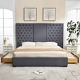 thumbnail image 1 of King Velvet Upholstered Platform Bed Frame with 63.58" Tall Button-Tufted Headboard and Storage Drawers, Gray, 1 of 10