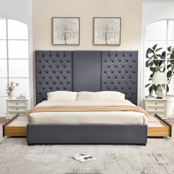 King Velvet Upholstered Platform Bed Frame with 63.58" Tall Button-Tufted Headboard and Storage Drawers, Gray