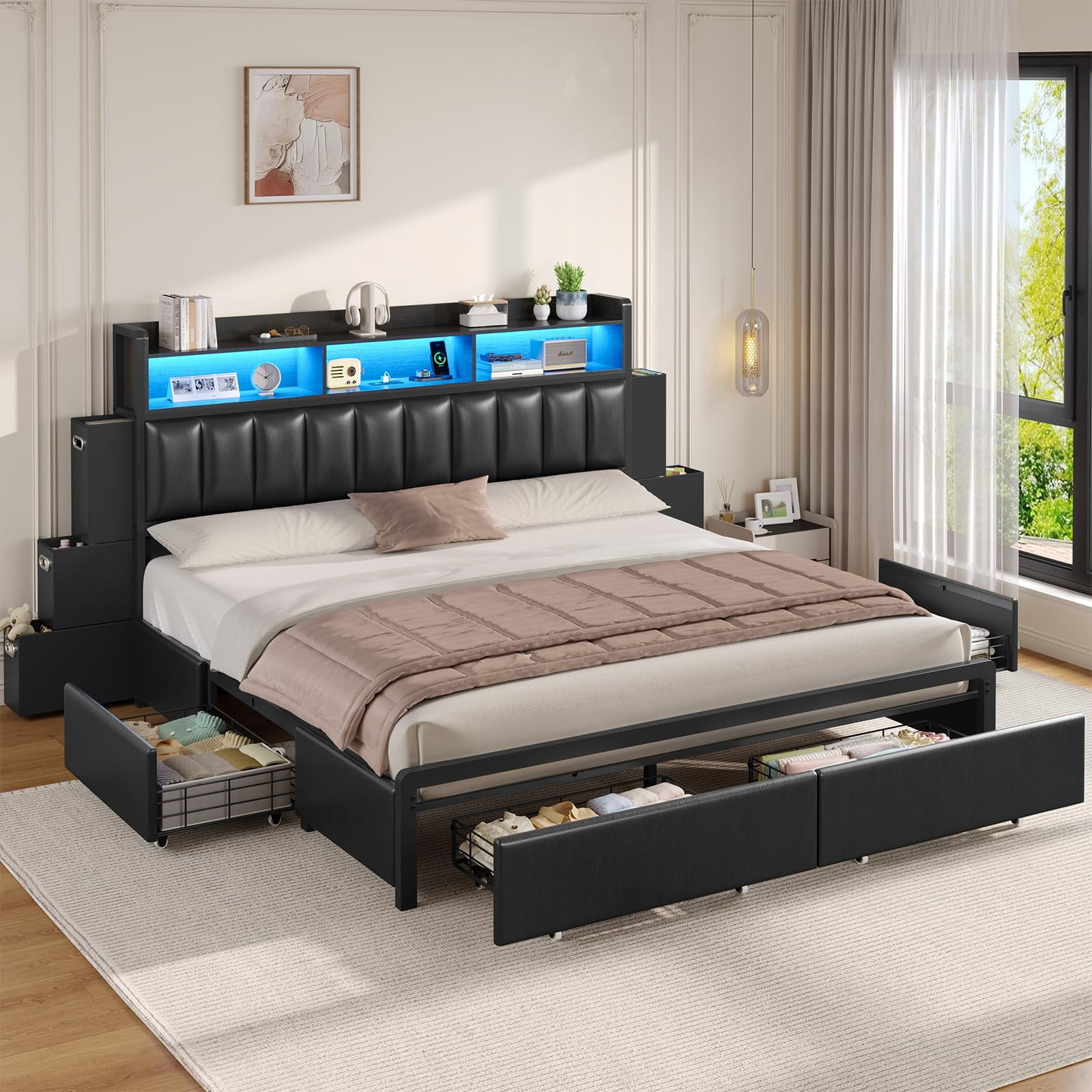 King Size Bed Frame with 9 Drawers Storage Bookcase Headboard, King Upholstered Platform Bedwith LED Light and Charging Station,Metal Slats, No Box Spring Needed,Black PU