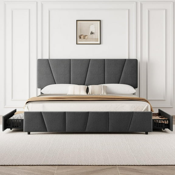 King Size Bed Frame with Adjustable Headboard and 4 Storage Drawers, Soft Upholstered Platform Bed Frames with Wooden Slats Support, No Box Spring Needed, Dark Grey