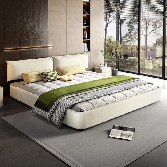 King Size Bed Frame with Adjustable Headboard, Chenille Upholstered Cloud Platform Bed Frame, Wide Solid Wood Slats & Metal, No Box Spring Needed, Beige