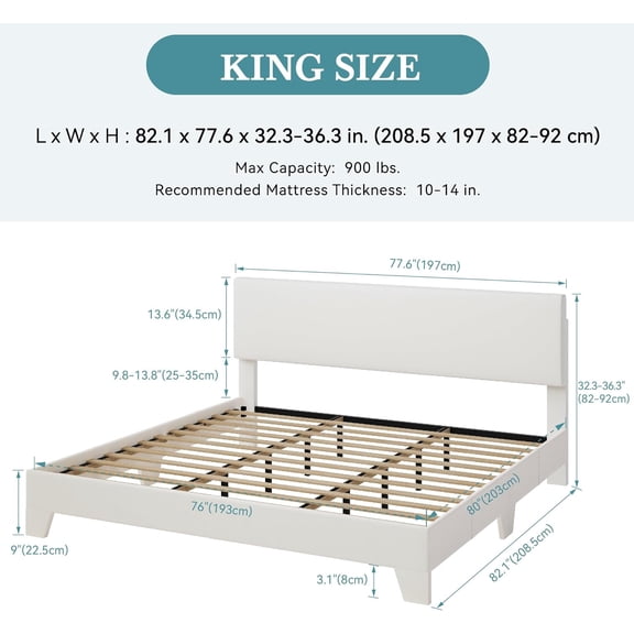 King Size Bed Frame with Adjustable Headboard, Faux Leather Upholstered Platform Bed with Wood Slats, Stable Mattress Foundation,No Box Spring Needed, Off-White