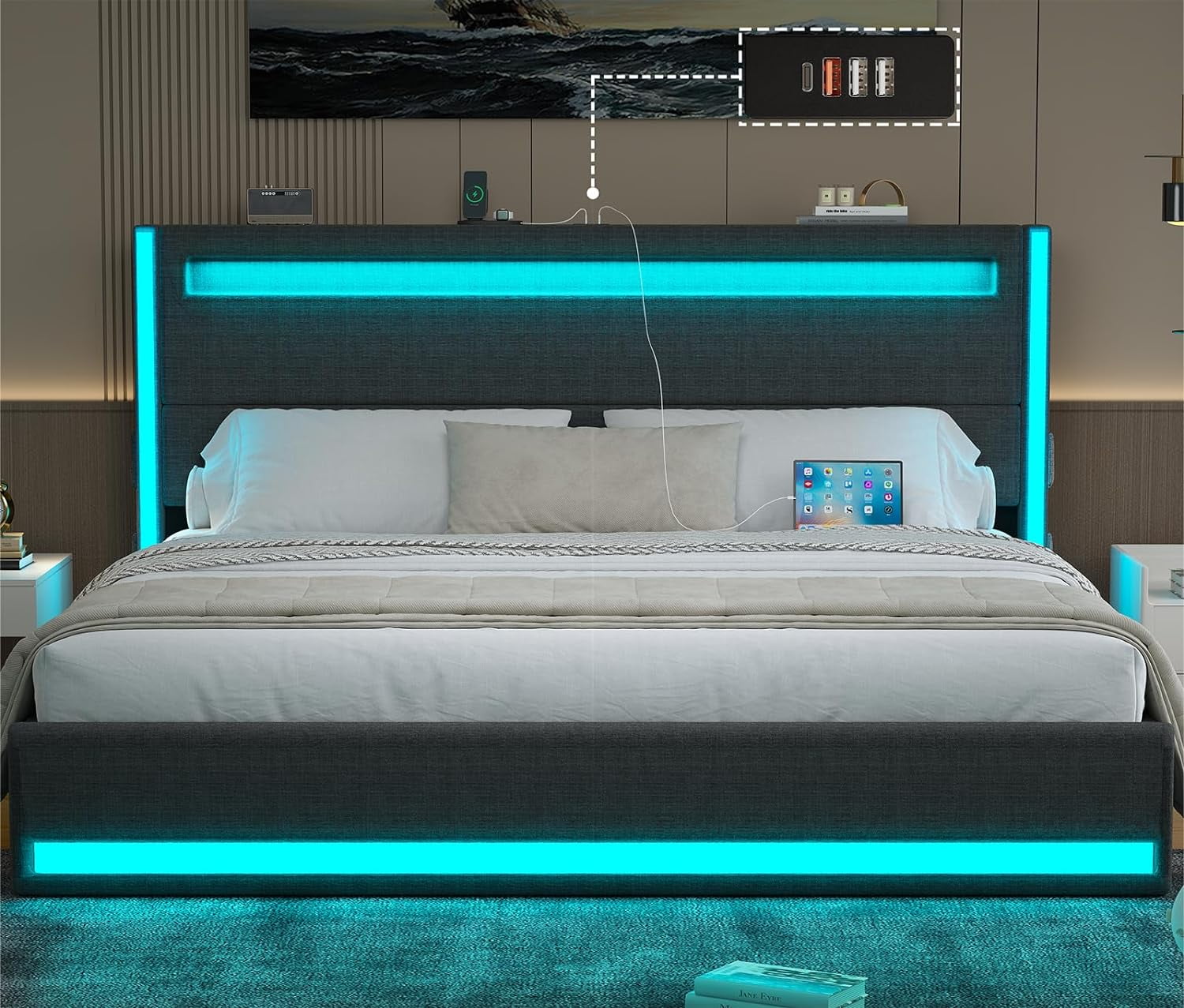 Full Size Floating Bed Frame with LED Lights & Storage Headboard, Light