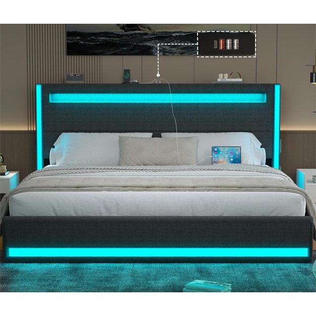 Full Size Floating Bed Frame with LED Lights & Storage Headboard, Light