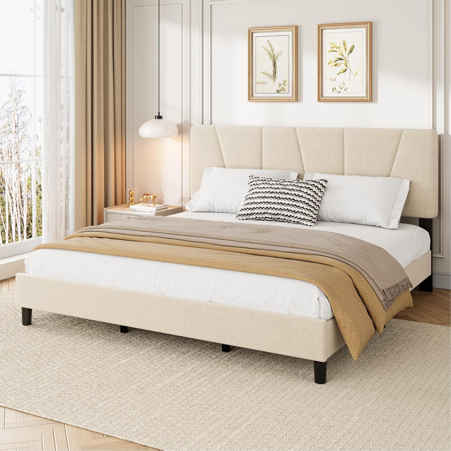 King Size Bed Frame with Adjustable Headboard, Linen Upholstered King Platform Bedframe with Strong Wooden Slats, Mattress Foundation, No Box Spring Needed, Easy Assembly