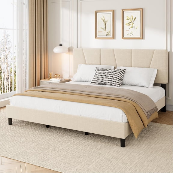 King Size Bed Frame with Adjustable Headboard, Linen Upholstered King Platform Bedframe with Strong Wooden Slats, Mattress Foundation, No Box Spring Needed, Easy Assembly