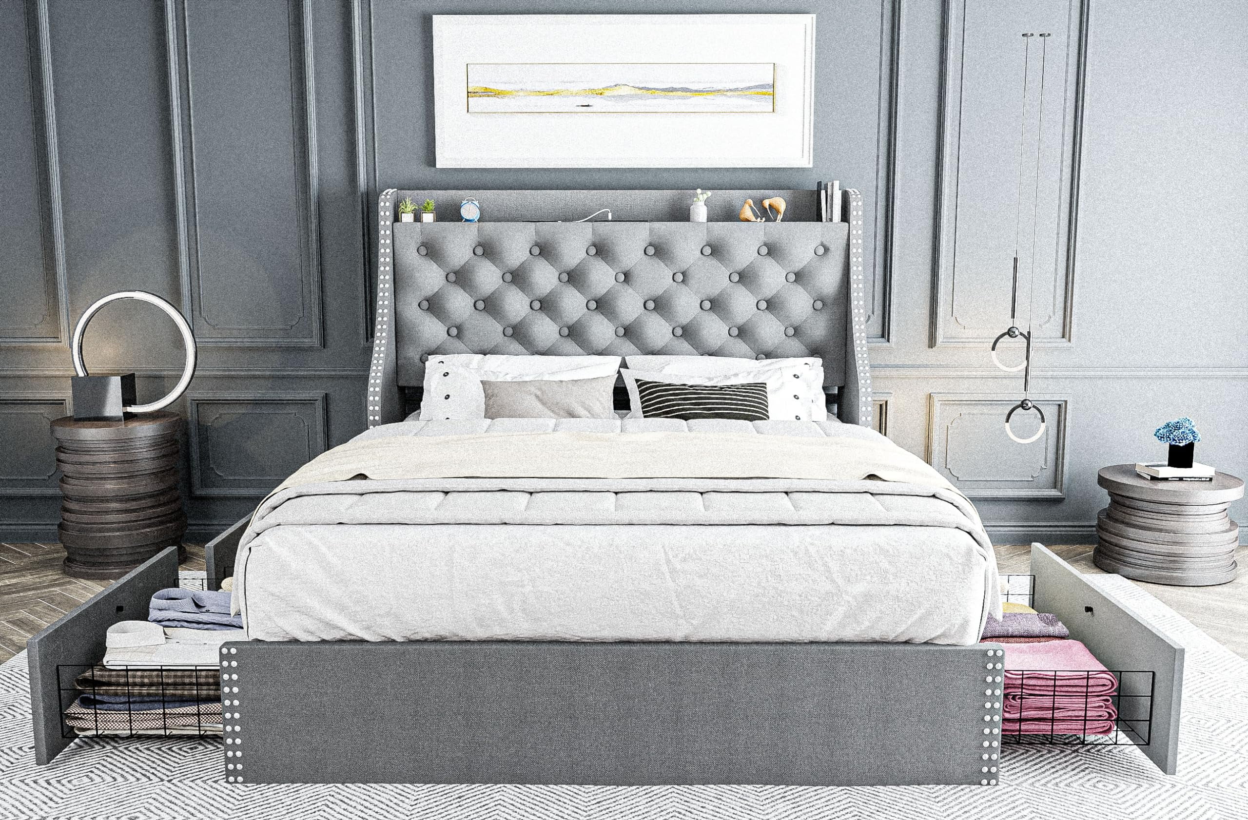 King Size Bed Frame with Adjustable Headboard, Upholstered Platform Bed Frame with Wooden Slats Support, No Box Spring Needed, Non-Slip, Noise-Free, Easy Assembly, Black