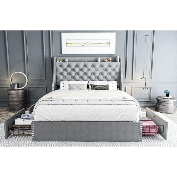King Size Bed Frame with Adjustable Headboard, Upholstered Platform Bed Frame with Wooden Slats Support, No Box Spring Needed, Non-Slip, Noise-Free, Easy Assembly, Black