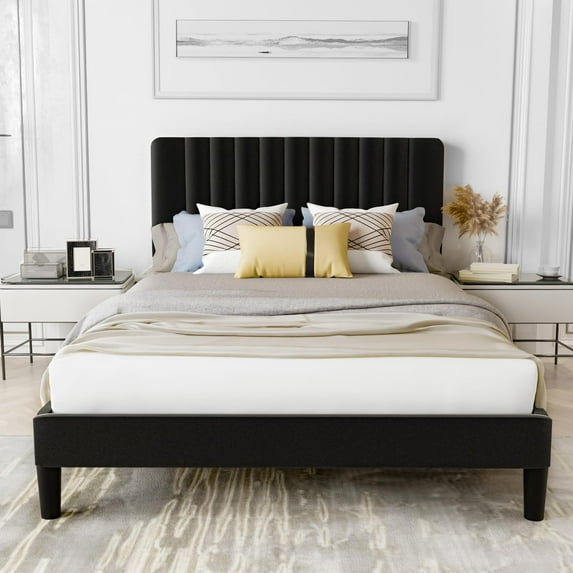 King Size Bed Frame with Adjustable Headboard, Upholstered Platform Bed Frame with Wooden Slats Support, No Box Spring Needed, Non-Slip, Noise-Free, Easy Assembly, Black