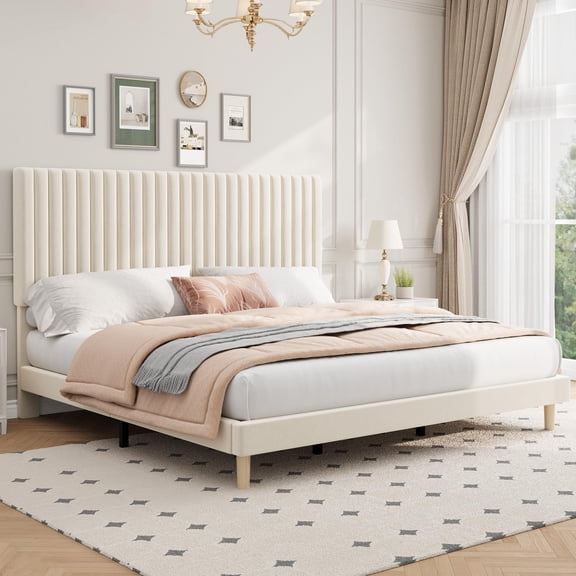 King Size Bed Frame, Adjustable Height Headboard, Velvet Upholstered Platform Bed Frame, No Box Spring Needed, Easy Assembly, Beige