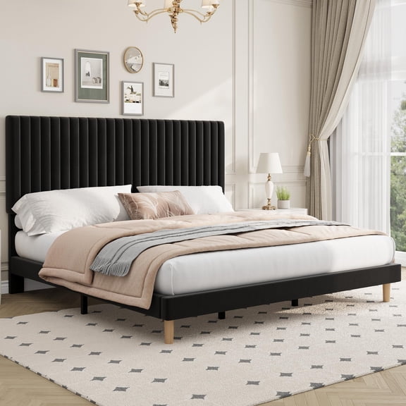 King Size Bed Frame, Adjustable Height Headboard, Velvet Upholstered Platform Bed Frame, No Box Spring Needed, Easy Assembly, Black