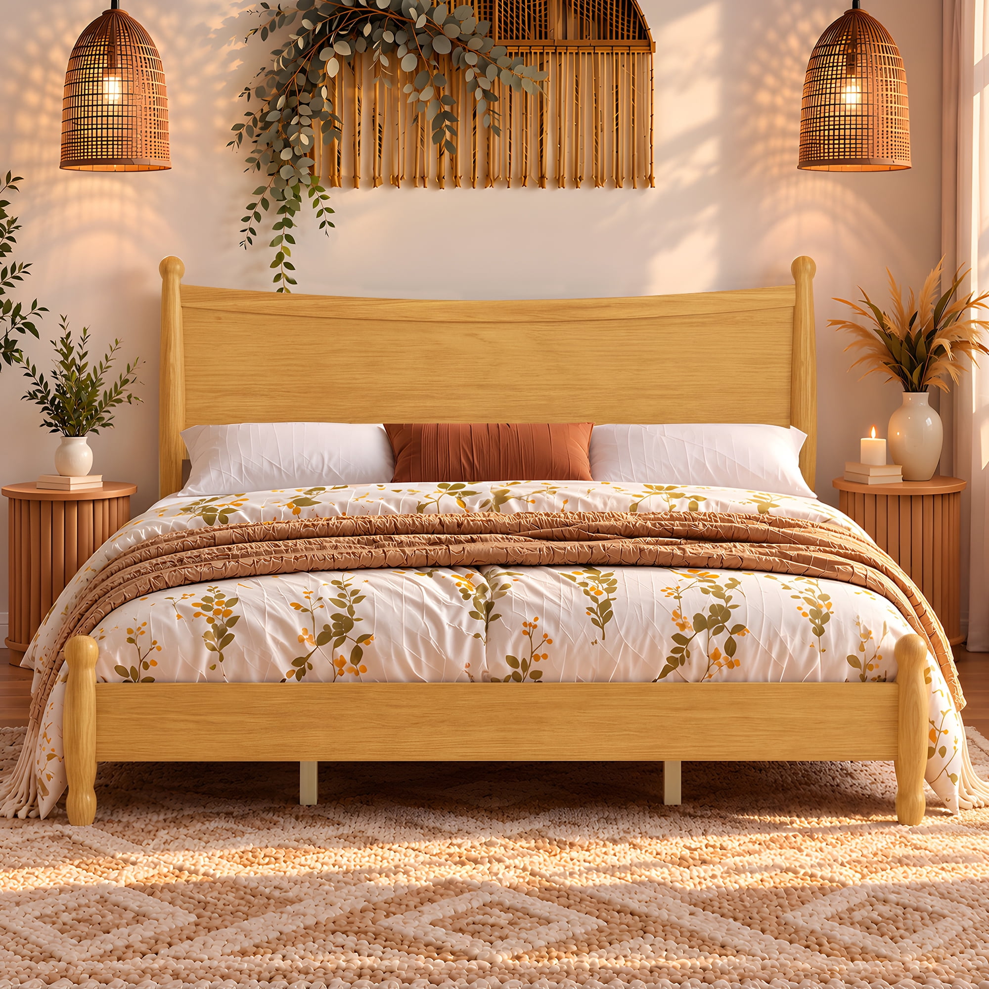 Simple Rustic Arch King Size Bed Frame with Arched Headboard & Ball Finials,Classic ...