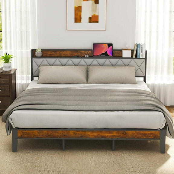 King Size Bed Frame, Bed with Headboard, 800LBS Heavy Duty Mattress Foundation with Steel Slats Support (No Box Spring Needed)