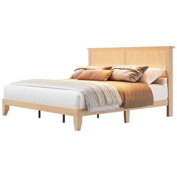 King Size Bed Frame, Bohemian King Rattan Bed Frame with Natural Headboard, Platform King Size Bed with Wooden Legs, LED Lights, No Box Spring Needed