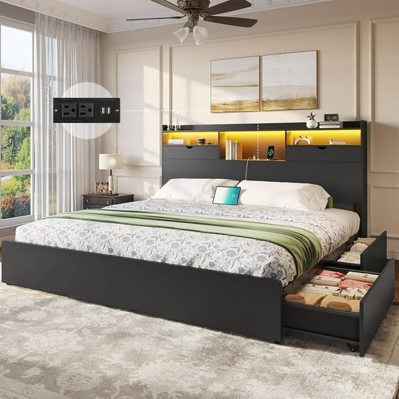 King Size Bed Frame with Bookcase Headboard and Charging Station, Wooden Platform Bed Frame with LED Lights and 4 Drawers, King Beds for Bedroom, No Box Spring Required, Black