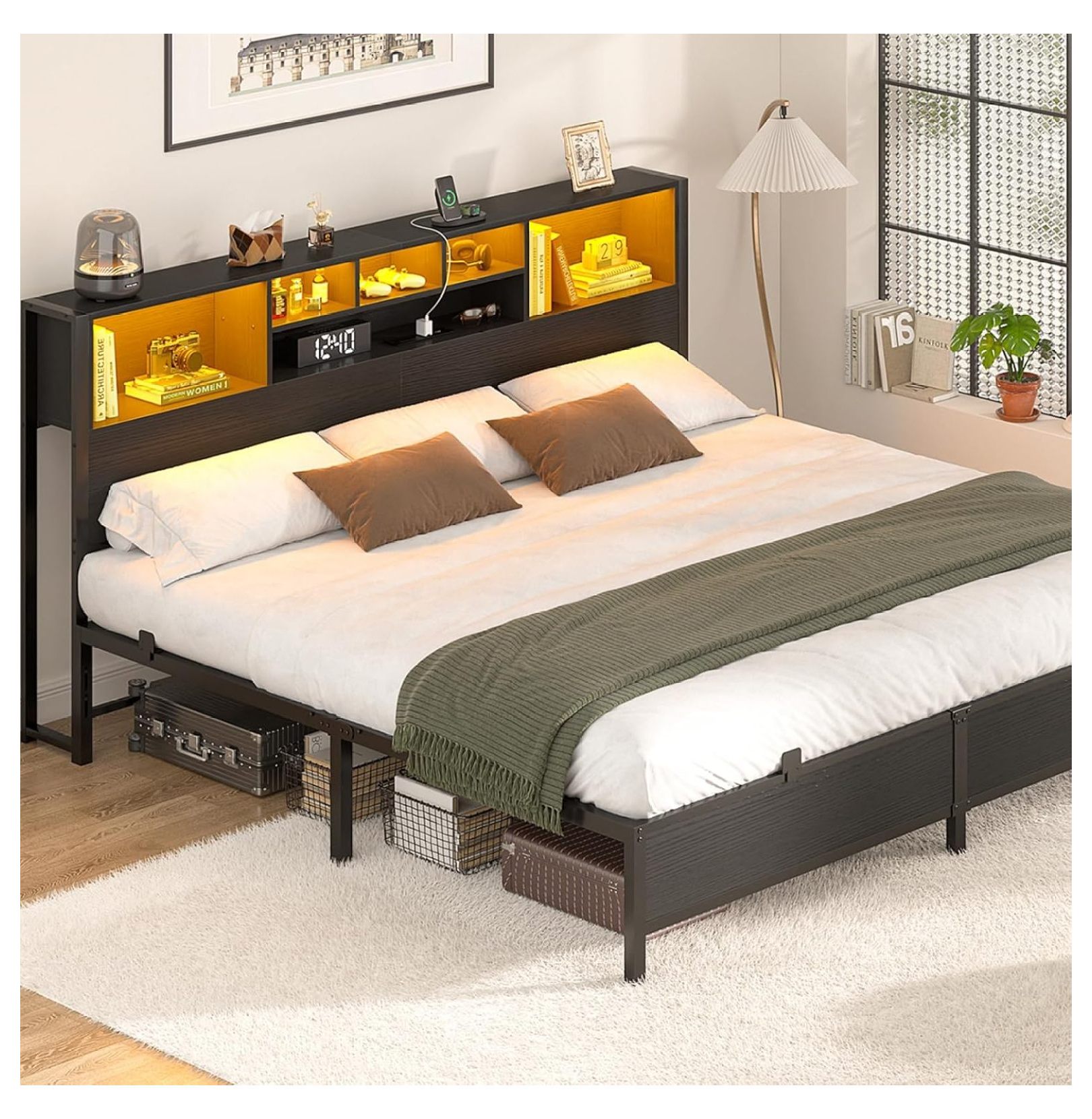 King Size Bed Frame with Bookcase Headboard, Metal Platform Bed Frame