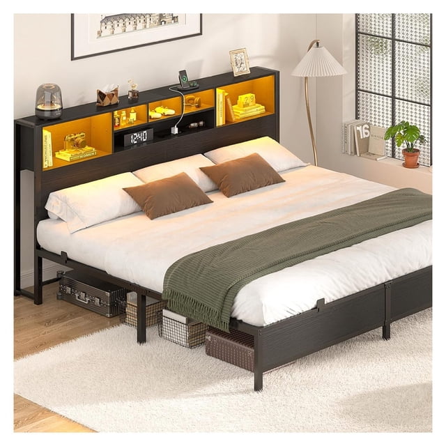 King Size Bed Frame with Bookcase Headboard, Metal Platform Bed Frame