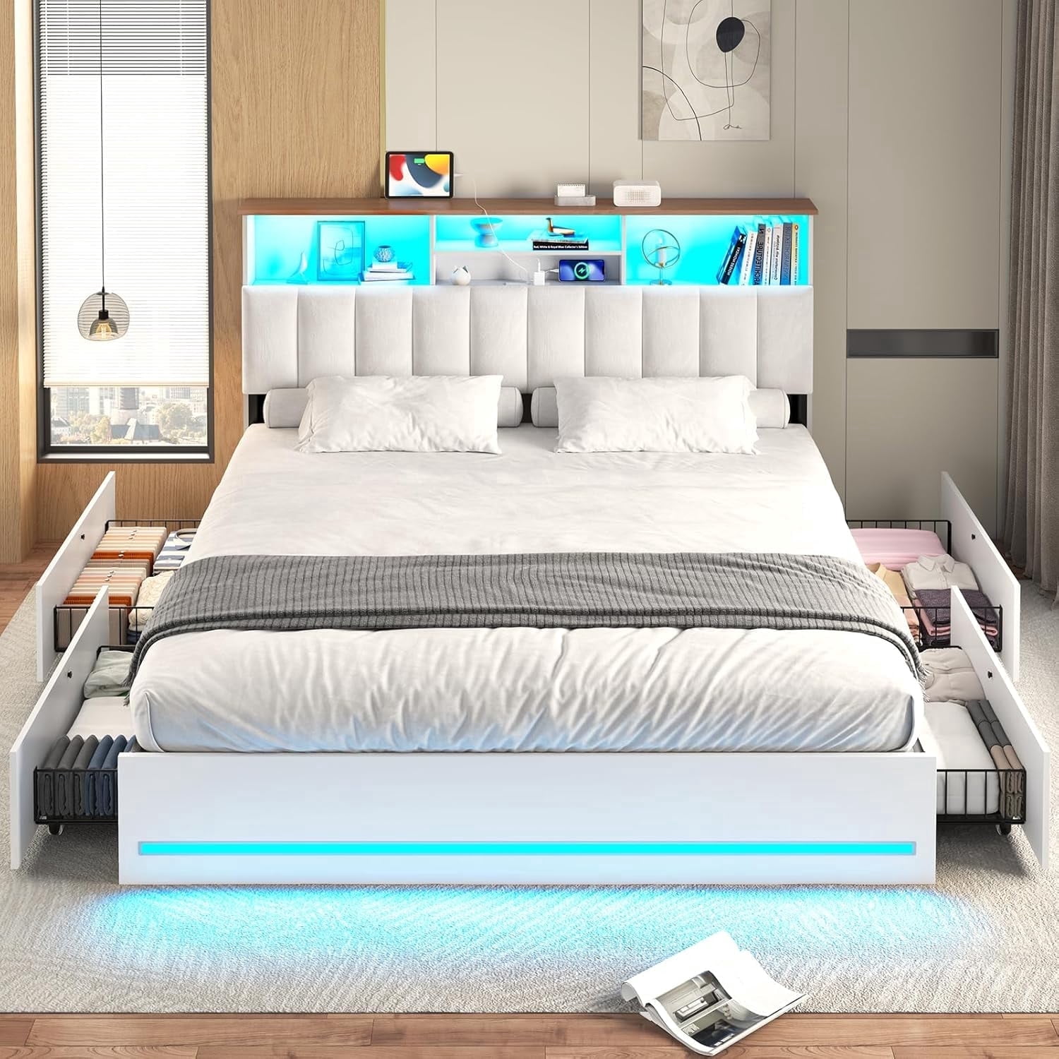 AOGLLATI, King Size Bed Frame with Bookcase Headboard, White 85% wood ...
