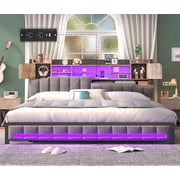 King Size Bed Frame and Bookcase Storage Headboard, LED Upholstered Bed Frame King with Charging Station, Light up King Size Platform Metal Bed Frame, No Box Spring Needed, Charcoal Gray