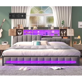 King Size Bed Frame and Bookcase Storage Headboard, LED Upholstered Bed Frame King with Charging Station, Light up King Size Platform Metal Bed Frame, No Box Spring Needed, Charcoal Gray