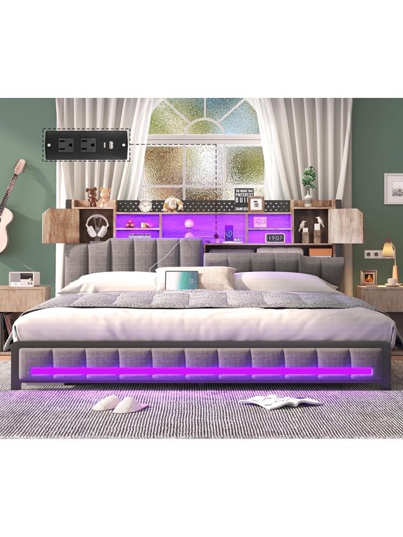 King Size Bed Frame and Bookcase Storage Headboard, LED Upholstered Bed Frame King with Charging Station, Light up King Size Platform Metal Bed Frame, No Box Spring Needed, Charcoal Gray