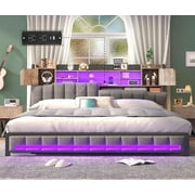 King Size Bed Frame and Bookcase Storage Headboard, LED Upholstered Bed Frame King with Charging Station, Light up King Size Platform Metal Bed Frame, No Box Spring Needed, Charcoal Gray