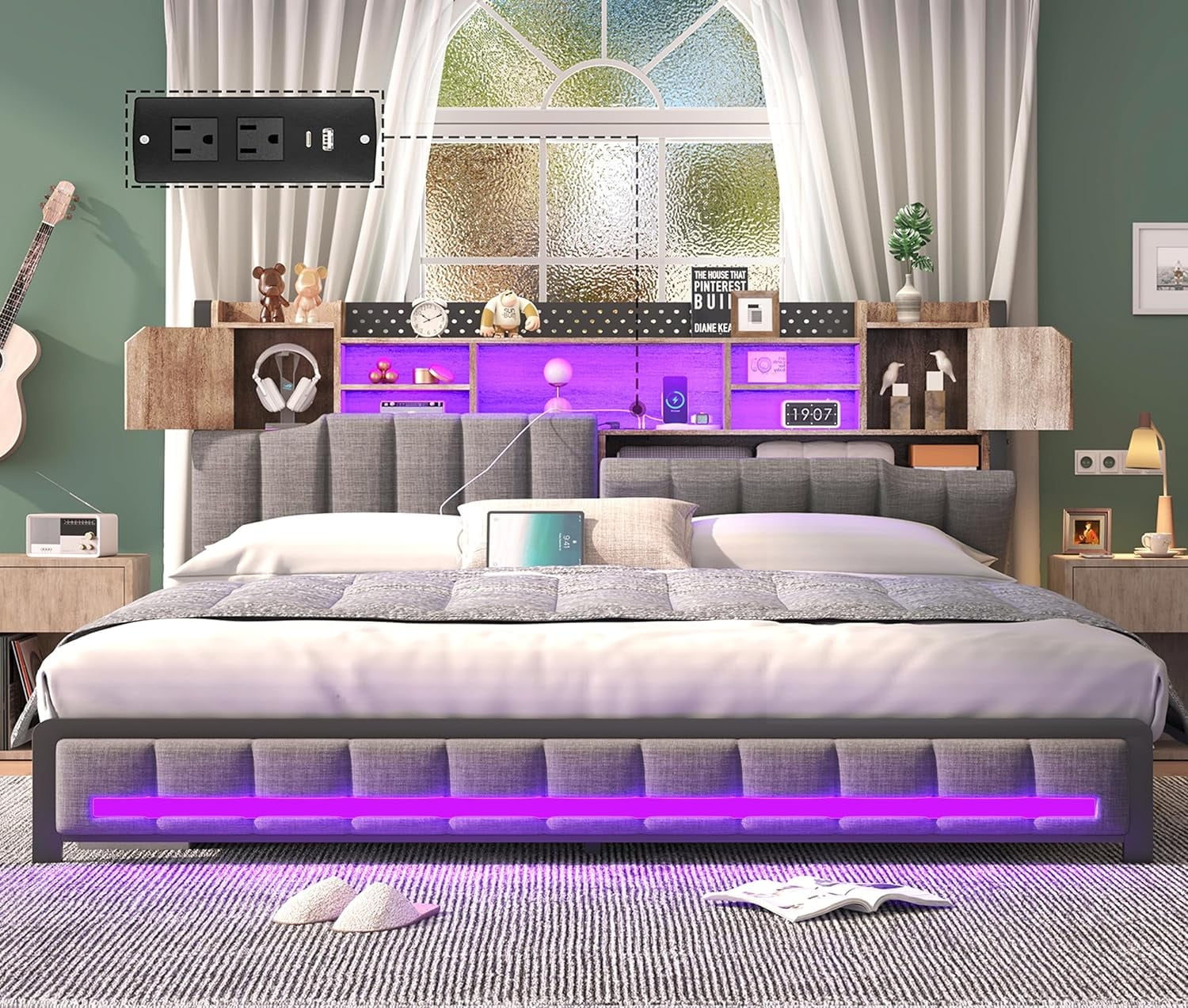 King Size Bed Frame and Bookcase Storage Headboard, LED Upholstered Bed ...