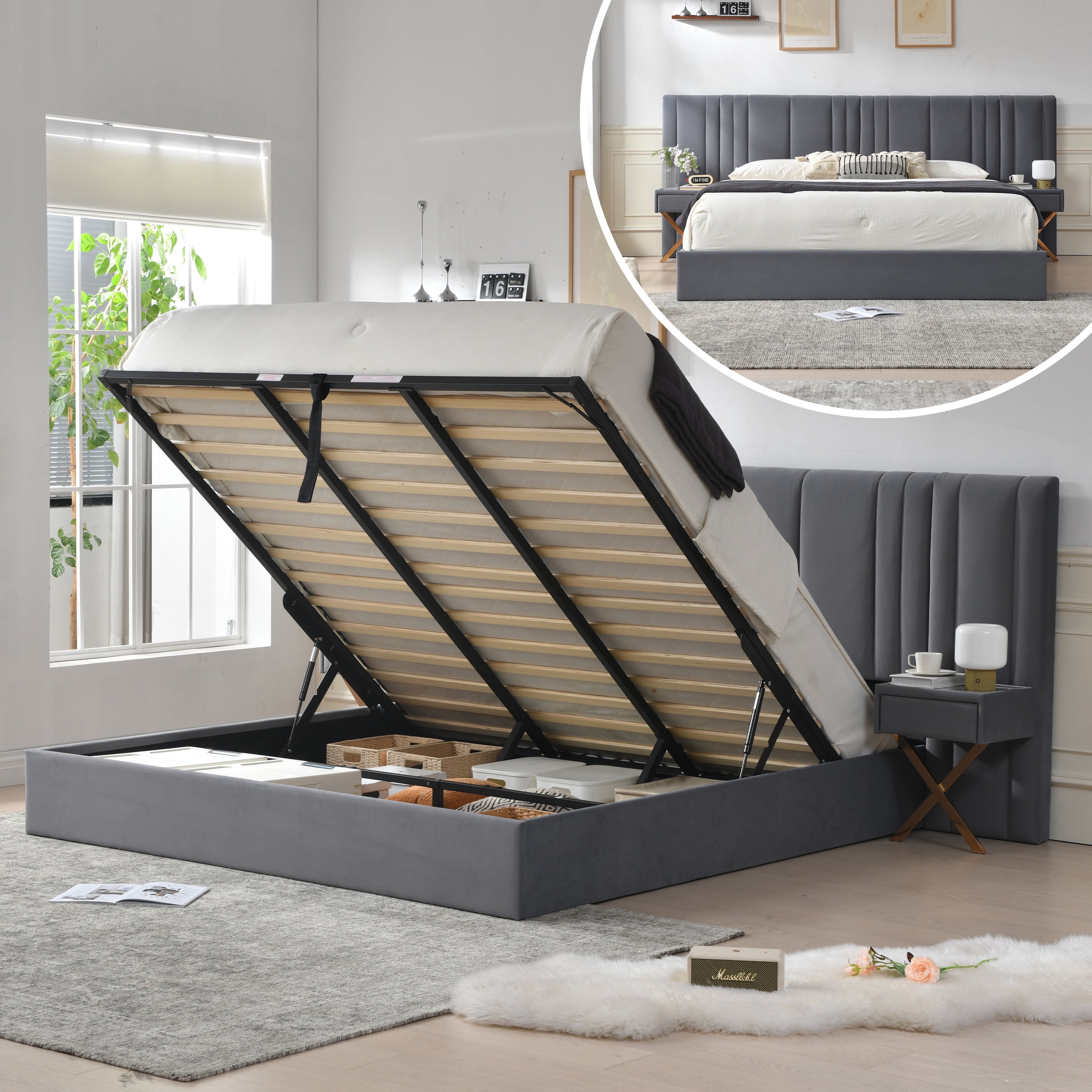 King Size Bed Frame with Built-in Nightstands, Lift Up Storage Bed with Oversize Upholstered Headboard, Luxury Bed Frame with Underneath Storage, Wood Slats Support, No Box Spring Needed, Gray