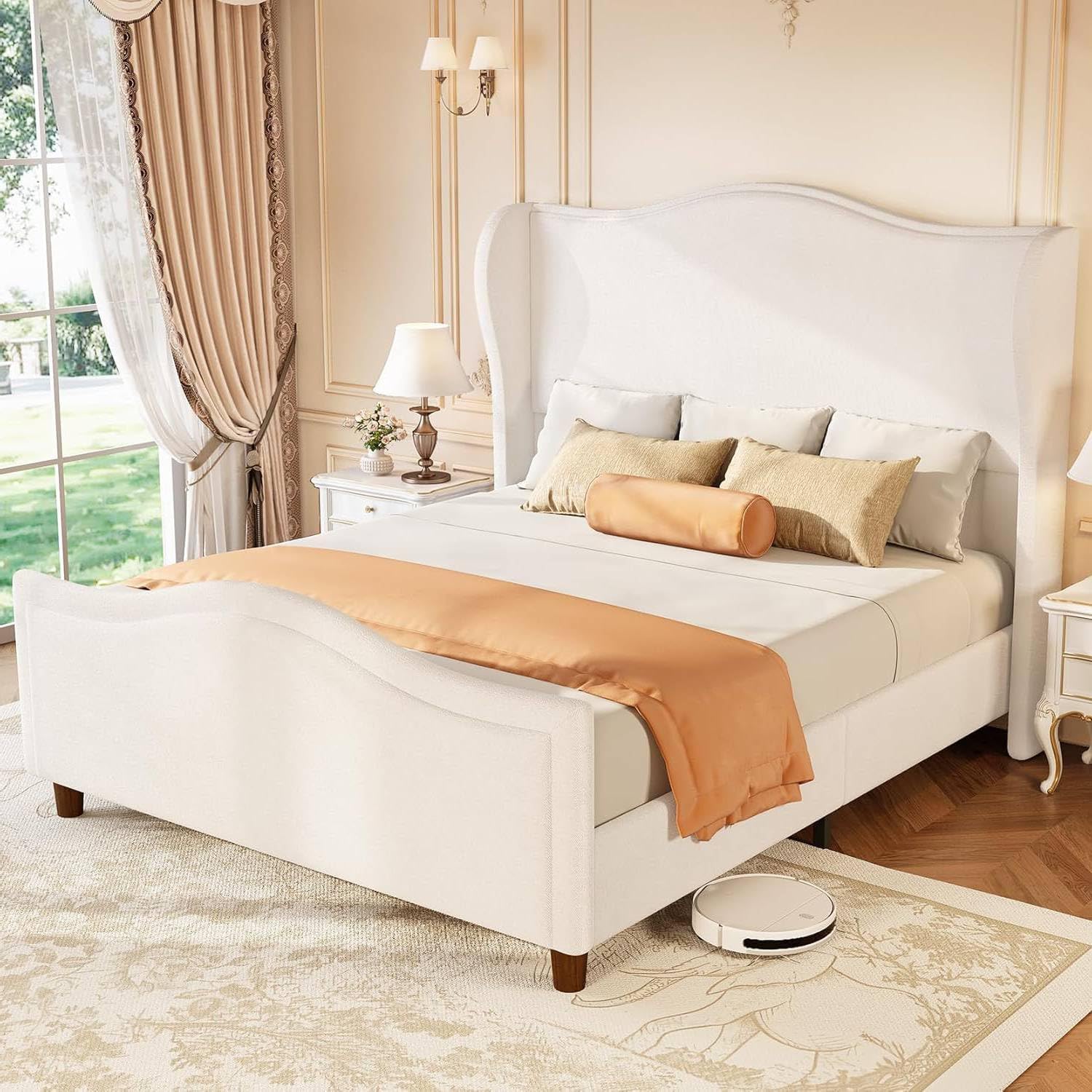 King Size Platform Bed Frame, Chenille Upholstered Sleigh Bed with Scroll Wingback Headboard & Footboard/Button Tufted main image 1