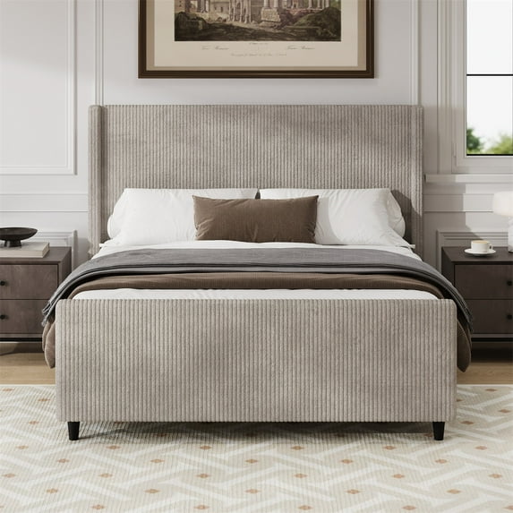 King Size Bed Frame, Corduroy Upholstered Bed with Vertical Stripe Wingback, 50.7'' High Headboard and High Footboard, Wooden Slats and Metal Support Legs, Noise Free
