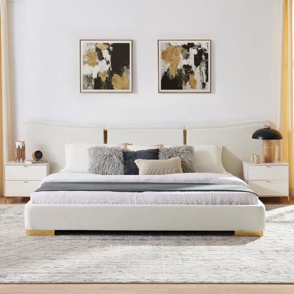 King Size Bed Frame Curved Headboard, Extra Large Platform Bed, Soft Chenille Fabric Frame, Reinforced Electroplated Metal Legs, Flexible DIY Side Space Design, Mattress Not Included, Beige
