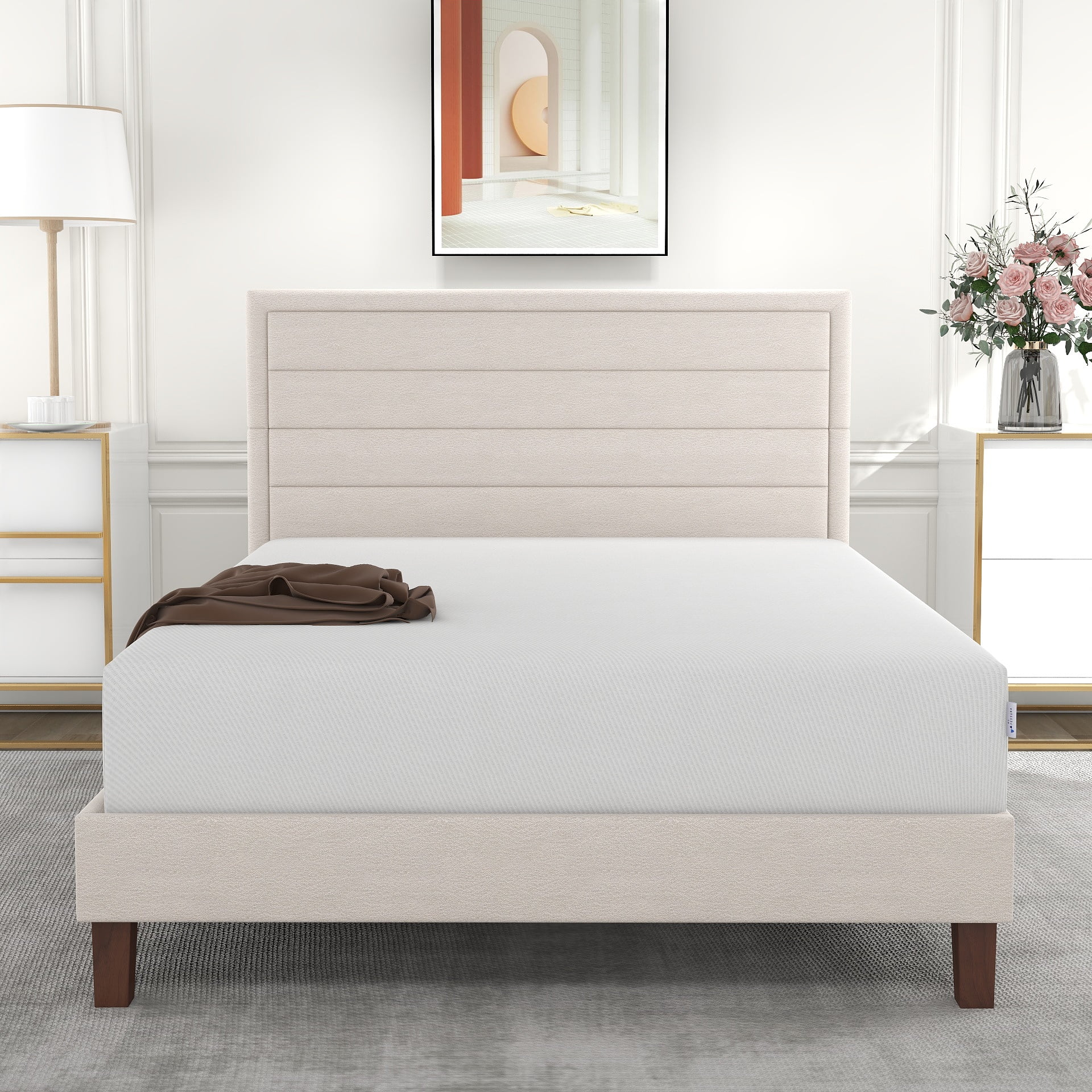 White wood bed with upholstered headboard deals