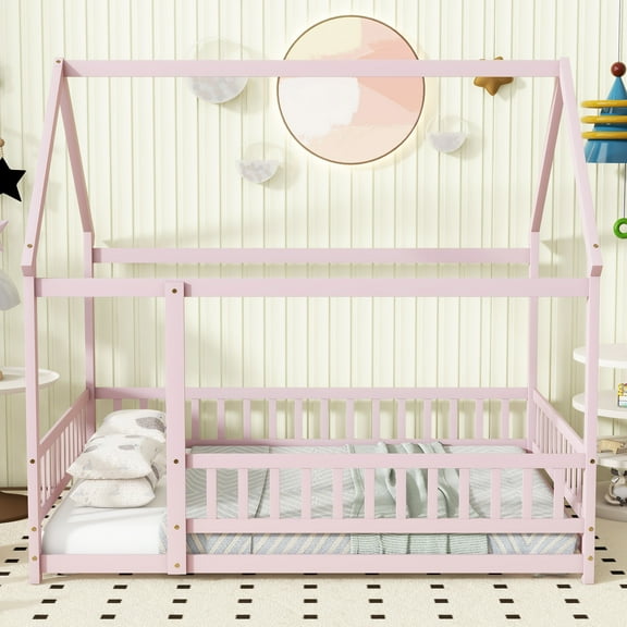 Full Bed Frame, Double Bed Frame,Full Size House Floor Wooden Bed with Roof Frame, Safety Guardrails,Pink