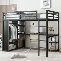 Full Bed Frame, Double Bed Frame,Full Size Loft Bed Frame with Built-in Wardrobe, Metal Loft Bed with Desk and Storage Shelves, Black
