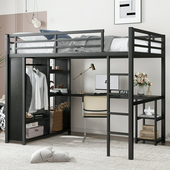 Full Bed Frame, Double Bed Frame,Full Size Loft Bed Frame with Built-in Wardrobe, Metal Loft Bed with Desk and Storage Shelves, Black