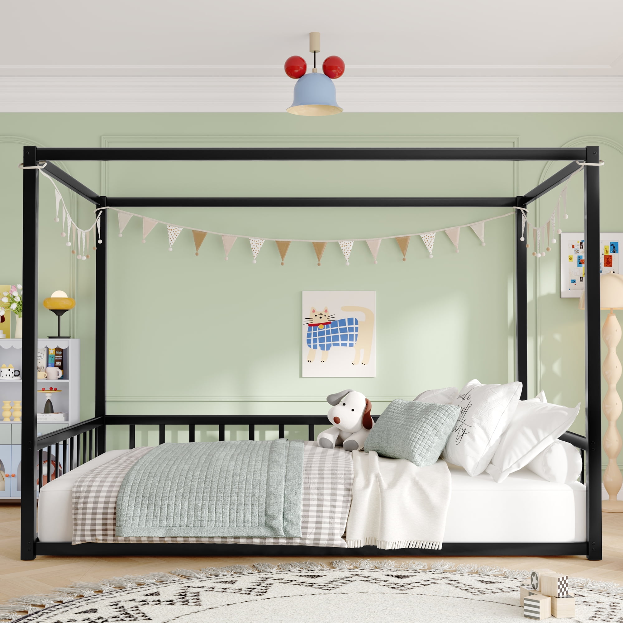 King Size Bed Frame Full size sunshade floor bed, iron double-size bed frame, modern low-profile double-size bed, equipped with fence-style guardrails, black series,Full Size Bed Frame