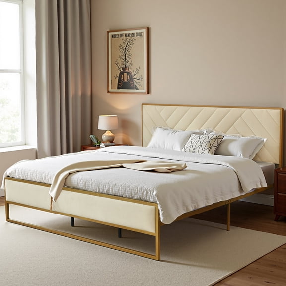 King Size Bed Frame, Golden Metal Platform Bed Frame with Velvet Upholstered Headboard, Beige