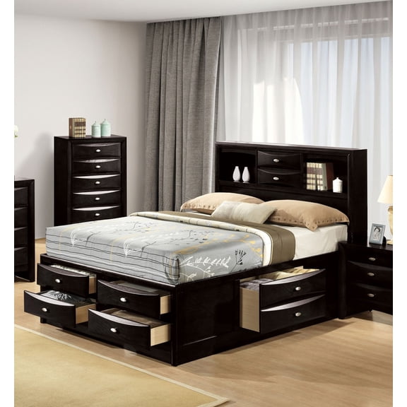 King Size Bed Frame with Headboard Bookcase and Footboard Storage Drawers, Solid and Engineered Wood Construction, Black Finish, 75"W x 92"D x 56"H for Contemporary Bedroom Use
