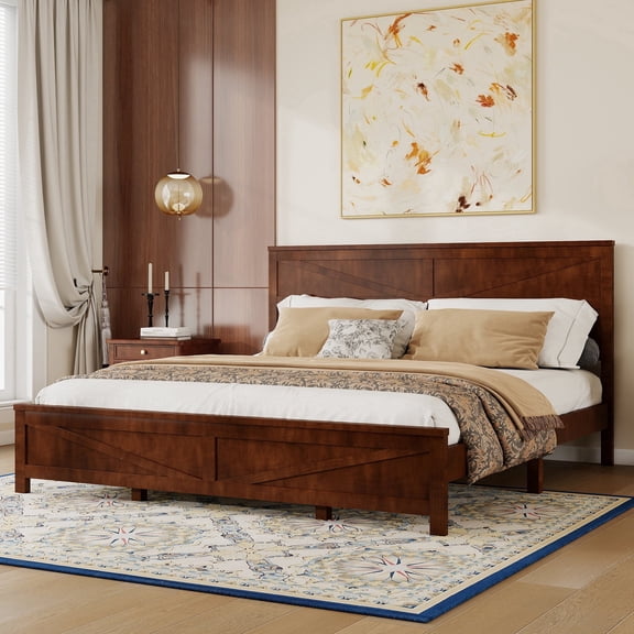 Vanress King Size Bed Frame with Headboard, Farmhouse Solid Platform Bed with Wooden Slat Support Mattress Foundation, Under-Bed Storage, No Box Spring Needed, Walnut