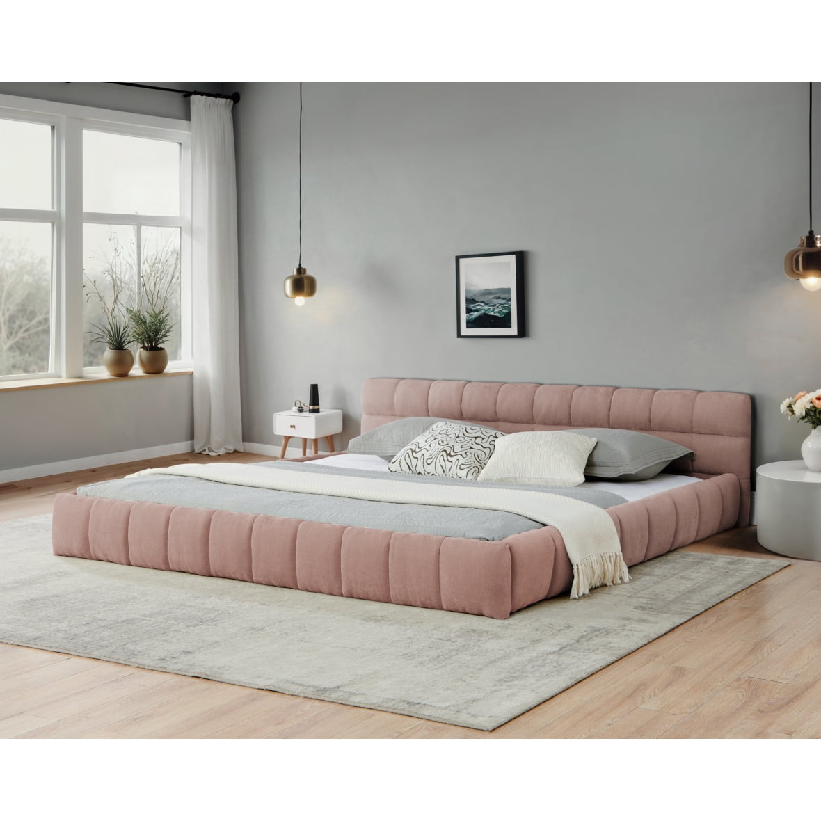 King Size Bed Frame with Headboard, Grounded Low Profile Bed with Thick Chenille Fabric, No Box Spring Needed, Sturdy Wood Frame Bed for Bedroom, Pink