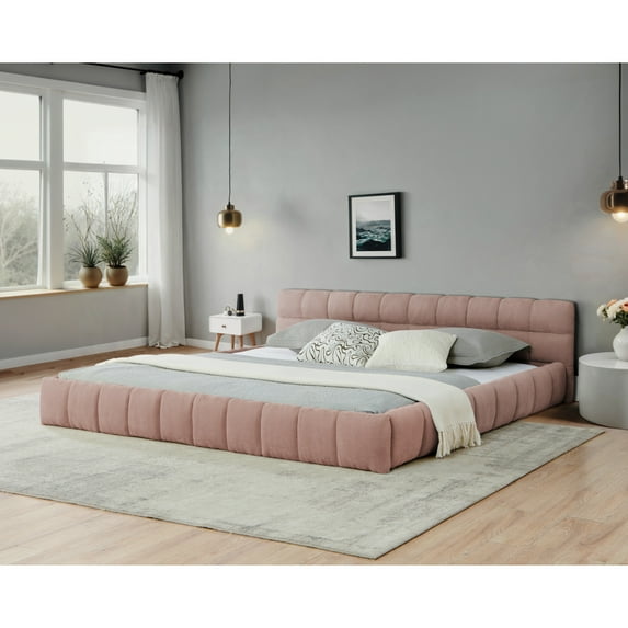 King Size Bed Frame with Headboard, Grounded Low Profile Bed with Thick Chenille Fabric, No Box Spring Needed, Sturdy Wood Frame Bed for Bedroom, Pink