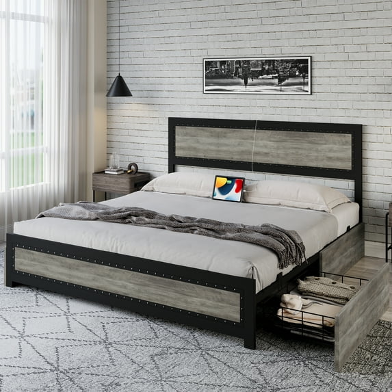 King Size Bed Frame With Headboard,Industrial Platform Bed Frame With 4 Storage Drawers and Charge Station,Strong Metal Slats Support,No Box Spring Needed,Noise Free, Easy Installation