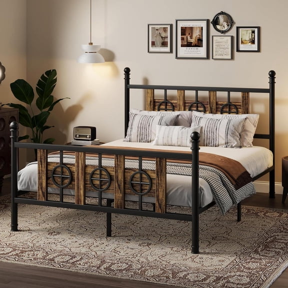 King Size Bed Frame with Headboard, Metal Platform Bed Frame with Under-Bed Storage, Industrial Vintage Style with Circular Accents, No Box Spring Required, Noise-Free, Brown