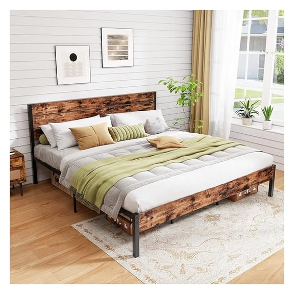 King Size Bed Frame with Headboard, Metal Platform Bed with Under-Bed Storage Space & Slatted Headboard, Industrial Bed Base, No Box Spring Needed Mattress Foundation, Rustic Brown