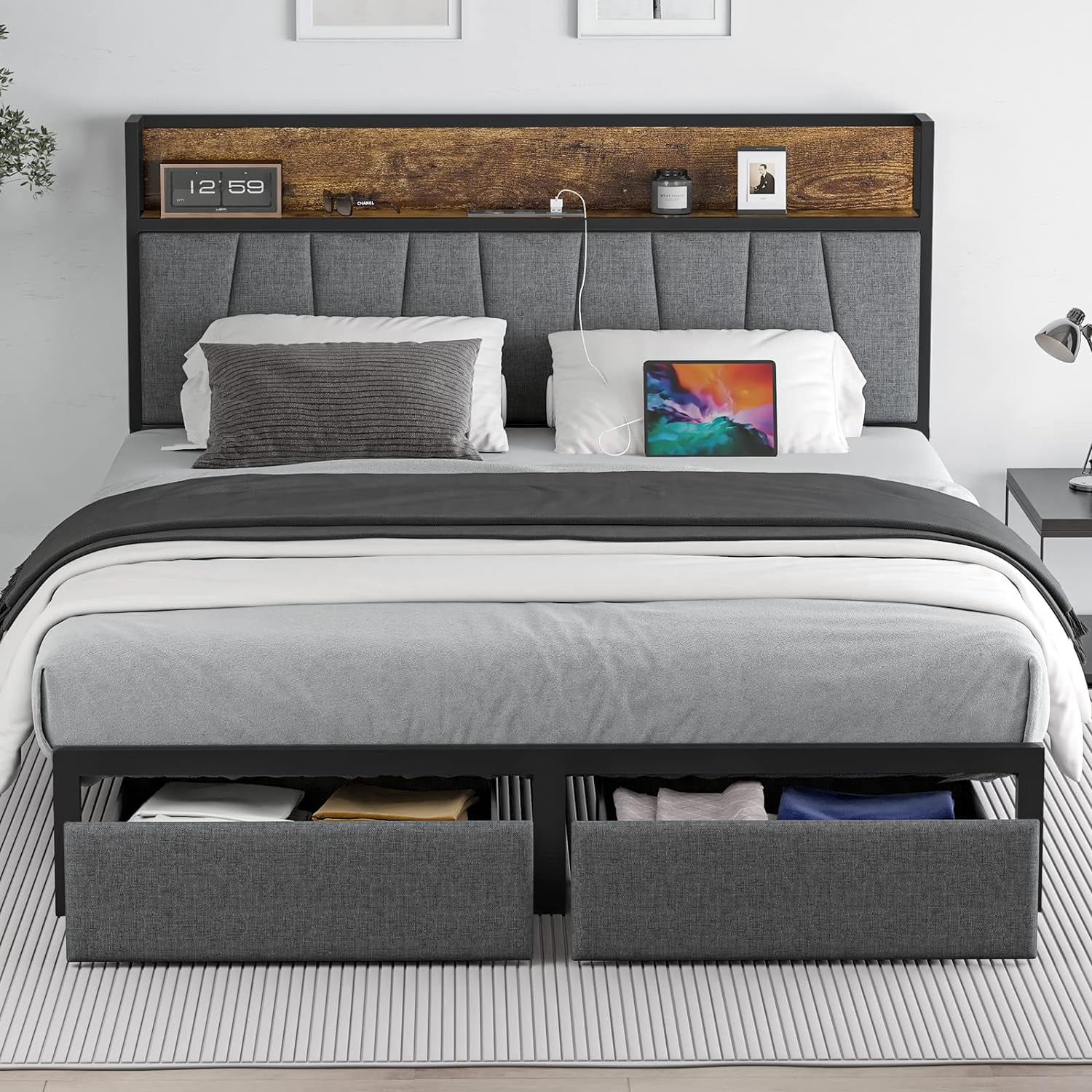 King Size Bed Frame with Headboard and Storage, King Size Platform Bed
