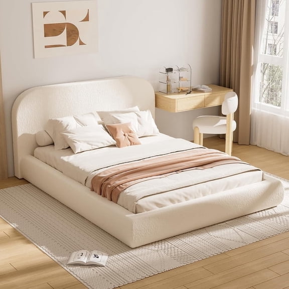 King Size Bed Frame and Headboard, Upholstered Cloud Bed Frame, Soft Cloud Bed Frames, Anti-Collision Rounded Corners, Boucle Platform Bed Frames, No Box Spring Needed, Easy Assembly