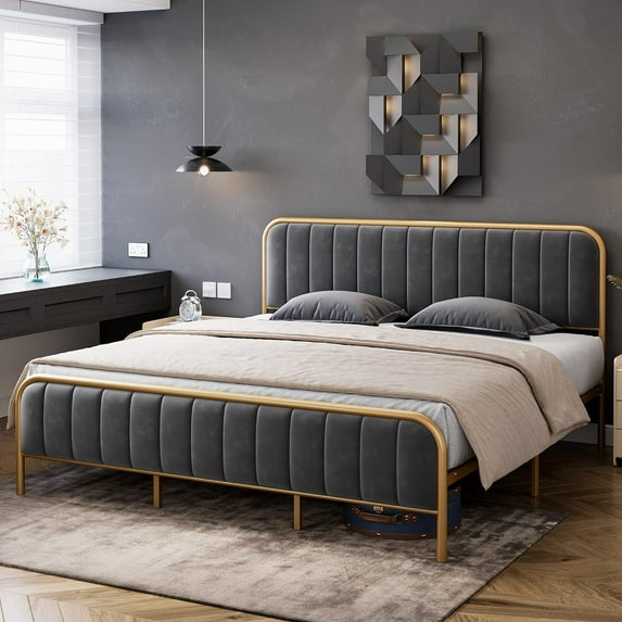 King Size Bed Frame Heavy Duty Platform Bed Upholstered Platform with Storage No Box Spring Needed with Headboard in Grey